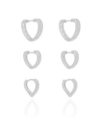 Trio de Argolas Coração Cravejado Cristal e Liso Ródio Branco